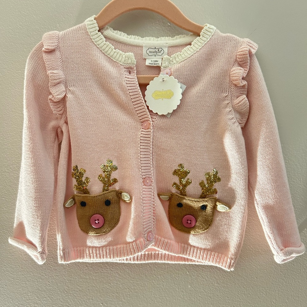 Mud Pie Pink Cardigan with Reindeer Appliqué NWT 9-12m
